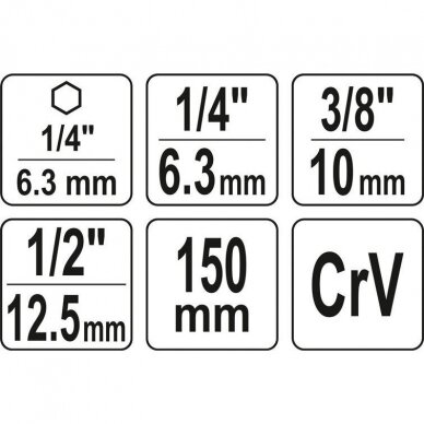 Переходники для шуруповерта под головки 1/4", 3/8", 1/2" 150мм 3щт. 2