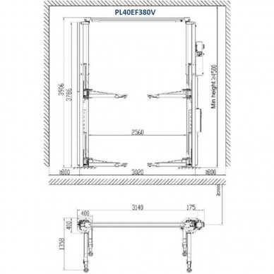 Clearfloor 2-post lift with electromagnetic release, 4.0t 3