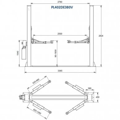 Two post hydraulic lift with electromagnetic release, 4.0t 2