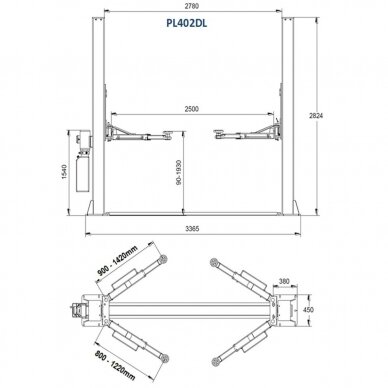 Two post hydraulic lift (with extended arms), 4.0t 2