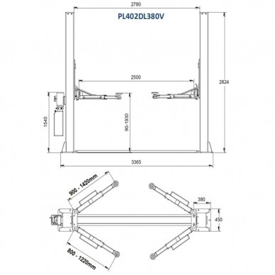 Hidraulinis dviejų kolonų keltuvas su mechaniniais saugumo fiksatoriais (su prailg. letenomis) 2