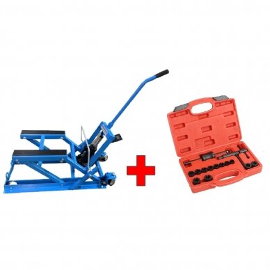 Motorcycle lift jack + brake piston removal tool set