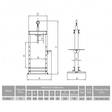 Hydraulic shop press with gauge 10t 2