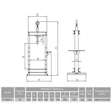 Hydraulic shop press with gauge 30t 2