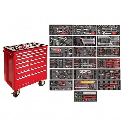 Roller cabinet with tool set trays (562pcs), 19 sets