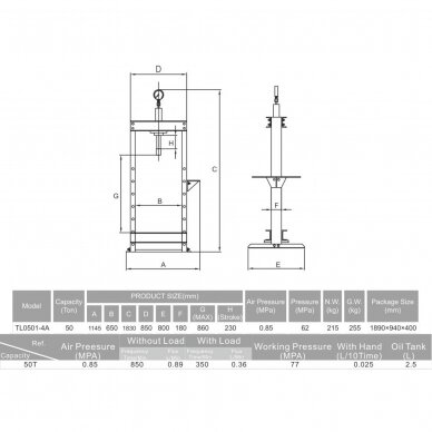 Pneumatic / hydraulic shop press with gauge 50t 2